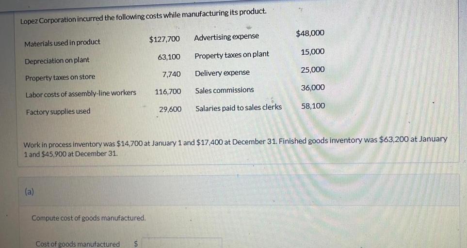 Lopez corporation used materials costs incurred following manufacturing advertising while its december goods homeworklib process